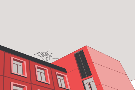 Project of buildings around USF campus in monochrome pink and red colors redrawn in Adobe Illustrator.